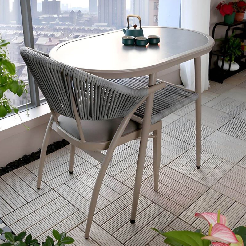 "Contemporary Oval Shape Dining Table Set with Shelf for Courtyard - Table & Chair(s) 2 Khaki"