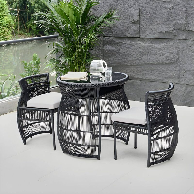 "Modern Black Round Shape Dining Room Chair and Table Set with Woven Chairs - Table & Chair(s) 2"