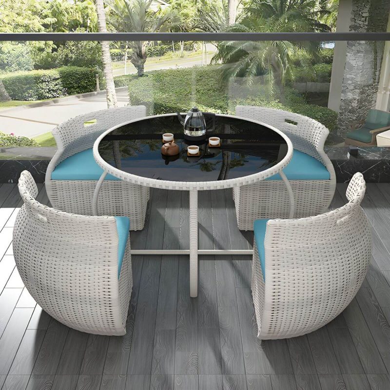 "Contemporary Glass Top White Dining Room Table Set with Wicker Dining Chairs - Table & Chair(s) 4 Glass"