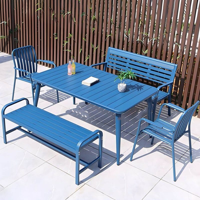 "Sleek Metal Outdoor Dining Set Rectangular Table with 2 Stylish Benches - Table & 2 Chairs & 2 Benches 47"L x 31"W x 29"H Blue"