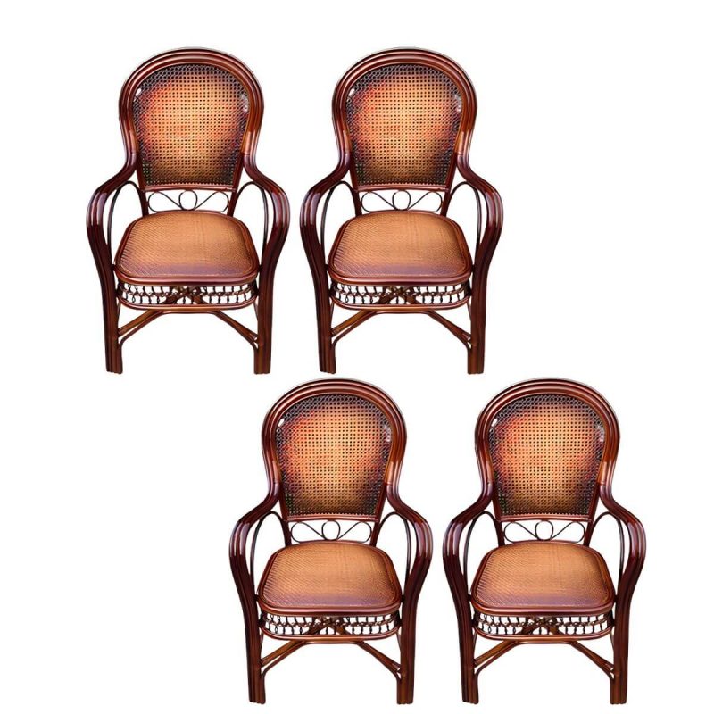 "Traditional Patio Dining Armchair in Rattan Single Outdoor Chair - Burgundy Hollow 4 Piece Set"