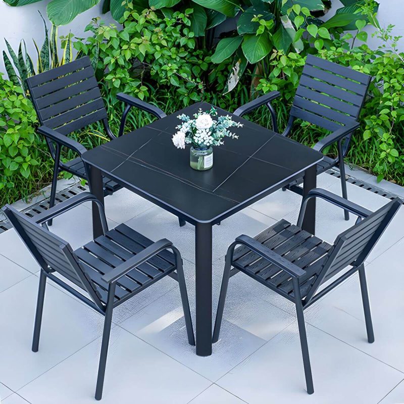 "Metal and Slate Patio Table Industrial Wind Room Outdoor Patio Dining Table - 27.6"L x 27.6"W x 29.5"H Table Only"