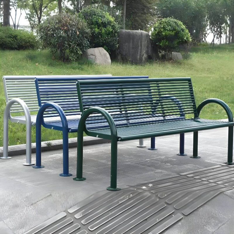 "Industrial Metal Park Bench with Waterproof Durability, Arms, and Back - White"