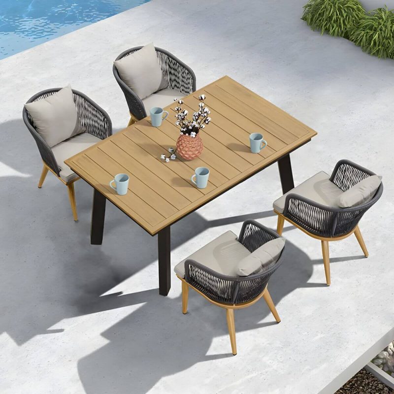 "Modern Black Patio Dining Set: Metal Frame, Upholstered White Cushions, Leaf Not Included - Table & 4 Chairs 61"L x 39"W x 30"H"