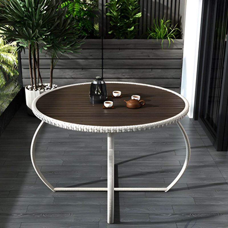 "Contemporary Glass Top White Dining Room Table Set with Wicker Dining Chairs - Table & Chair(s) 4 Wood"