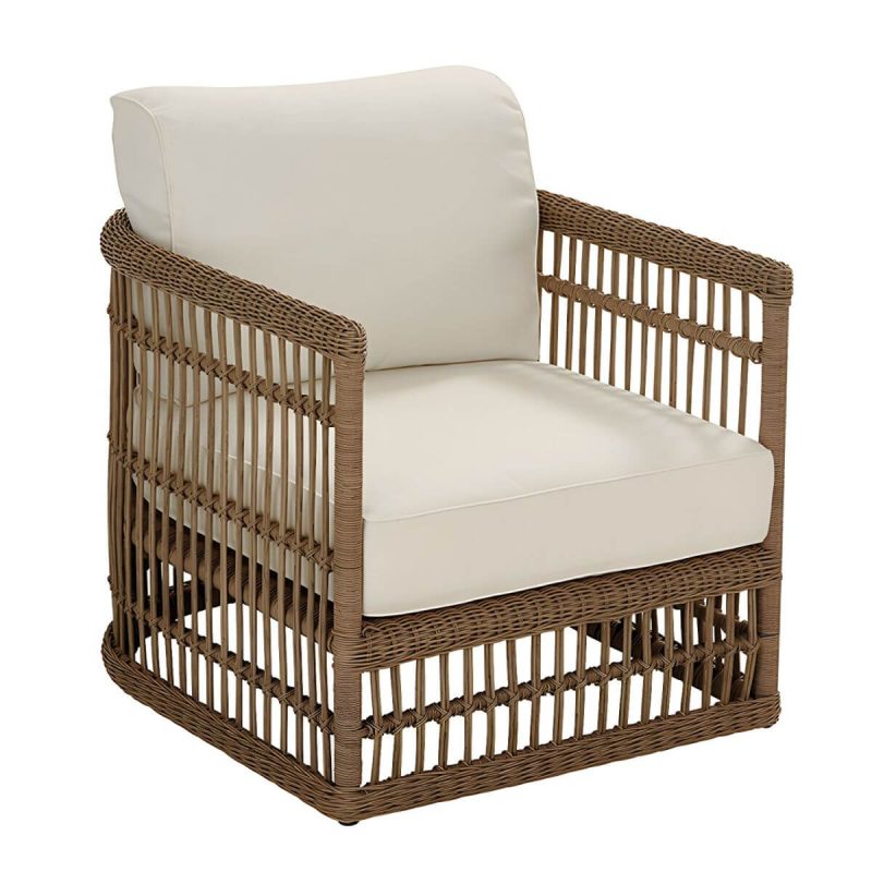 "Modern White Upholstered Wicker/Rattan Sofa with Waterproof Cushions and Pillows - Low Back Sofa"