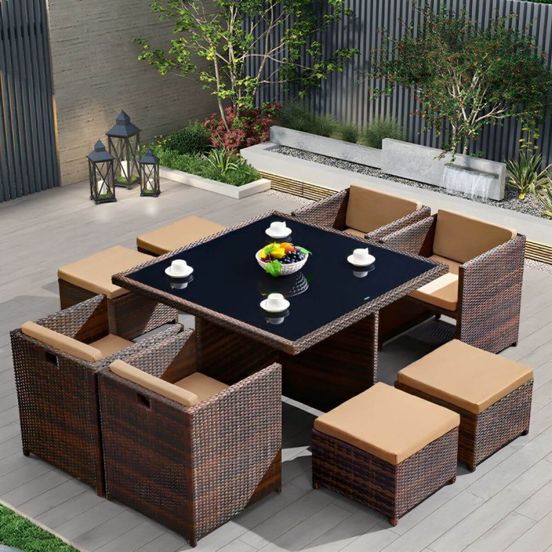 "Stylish Weatherproof Glass-top Patio Dining Set with Upholstered Chairs - Table & Chair(s) 47.2"L x 47.2"W x 29.5"H 4 Brown"