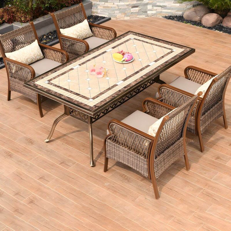 "Traditional Brown Wicker Arm Chair with Metal Legs for Patio Dining - Rust Resistant - 4 Piece Set"