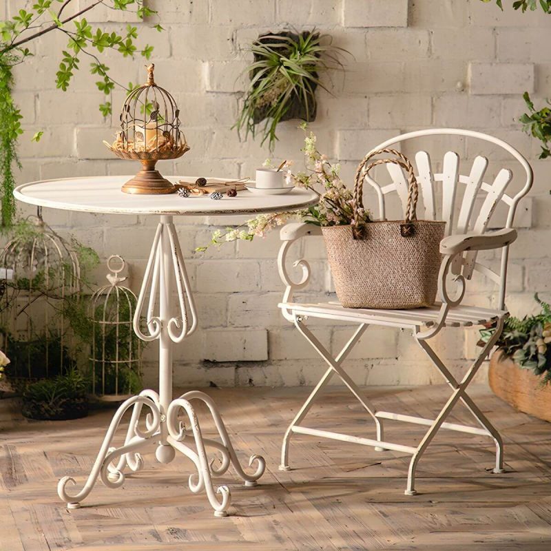 "Iron Round Dining Table French Country Round Patio Table in White - Table Only 31"L x 31"W x 32"H"
