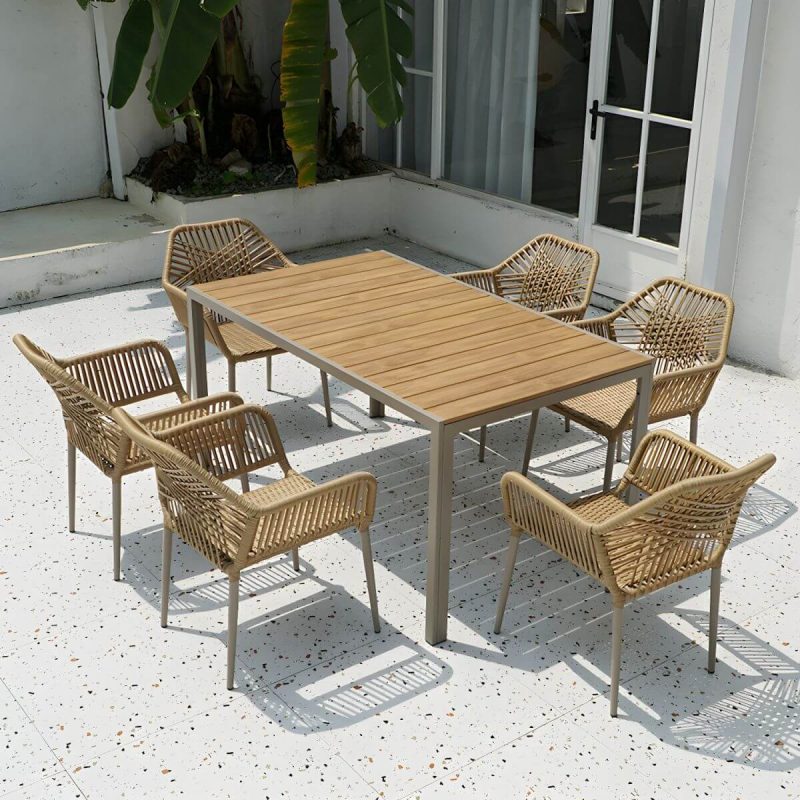 "Modern Metal Arm Chair with Beige Plastic Back and Stackable Design for Patio Dining - Brown 4 Piece Set"