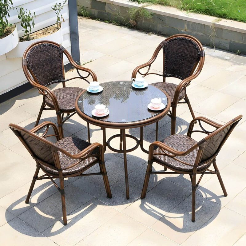 "Modern Brown Glass Top Patio Table Set Metal 4 Legs for Outdoor - Table & Chair(s) 31.5"L x 31.5"W x 29.5"H 2"