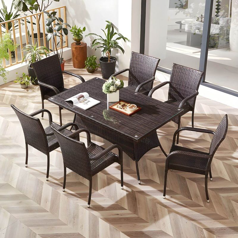 "Modern Style Dining Set Glass Top 5/7 Pieces Water Resistant Dining Set - Table & Chair(s) 6 Rectangular Clear"