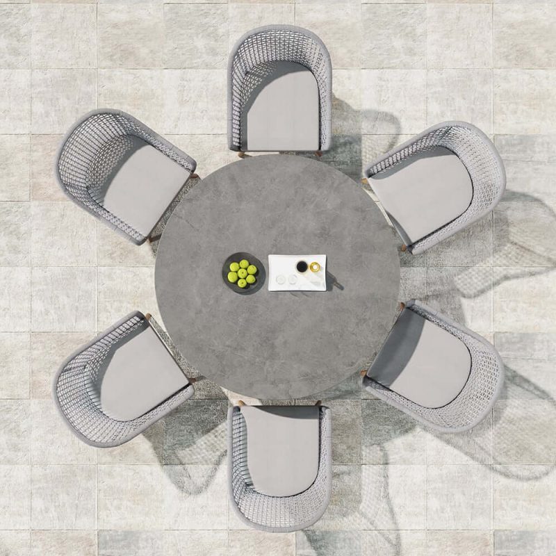 "7 Pieces Teak Round Outdoor Concrete Dining Set with Gray Table Woven Armchair 6-Person"