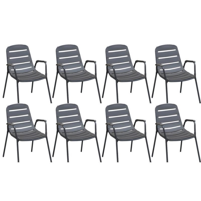 "Modern Black Metal Arm Chair with Stackable Design and Waterproof Durability - 8 Piece Set"