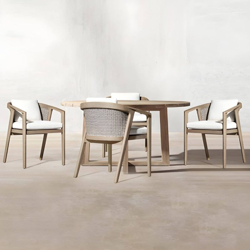 "Modern Brown Wood Side Chair with Wicker Back and Beige Cushions - 4 Piece Set Armless"