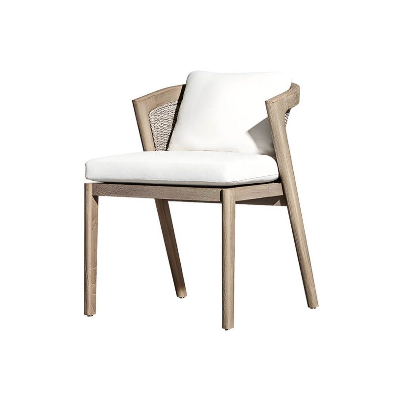 "Modern Brown Wood Side Chair with Wicker Back and Beige Cushions - 1 Piece Armless"