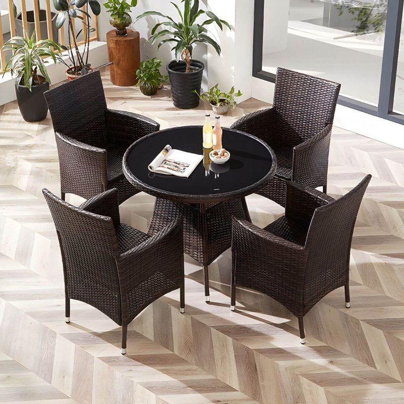 "Modern Style Dining Set Glass Top 5/7 Pieces Water Resistant Dining Set - Table & Chair(s) 4 Round Black-Brown"