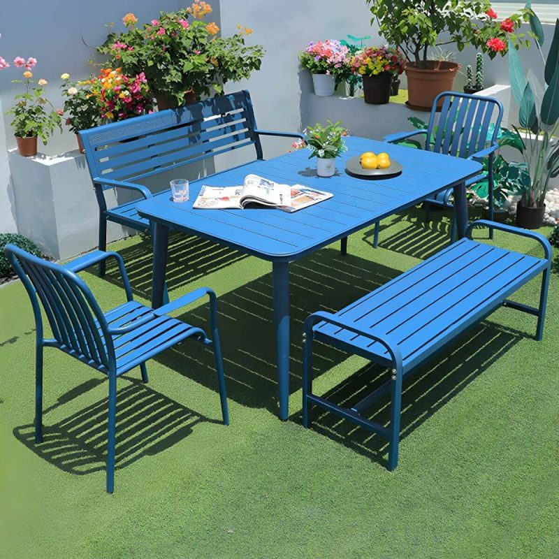 "Sleek Metal Outdoor Dining Set Rectangular Table with 2 Stylish Benches - Table & 2 Benches 59"L x 35"W x 29"H Blue"