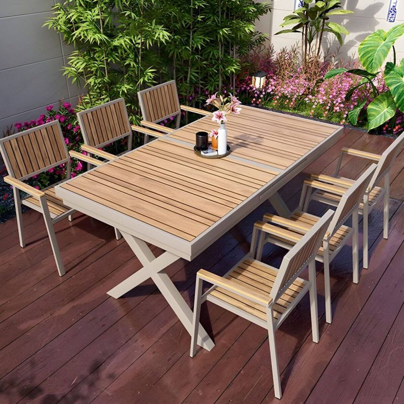 "Modern Wood Patio Dining Table with Aluminum Frame in Gray Color - Table Only 59"L x 35"W x 29"H Natural Finish Rectangular"