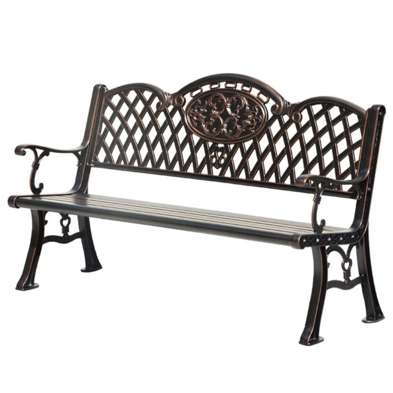 "Classic Midnight Black Alloy Outdoor Bench with Curved Arm and Back, Black, 59"L x 24"W x 34"H"
