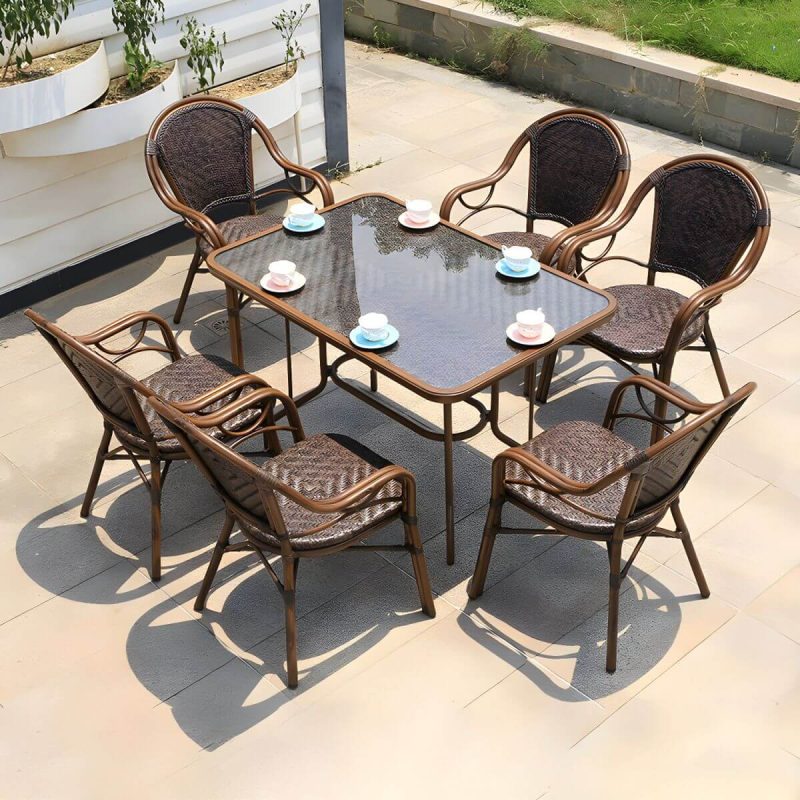 "Modern Brown Glass Top Patio Table Set Metal 4 Legs for Outdoor - Table & Chair(s) 47.2"L x 31.5"W x 29.5"H 6"