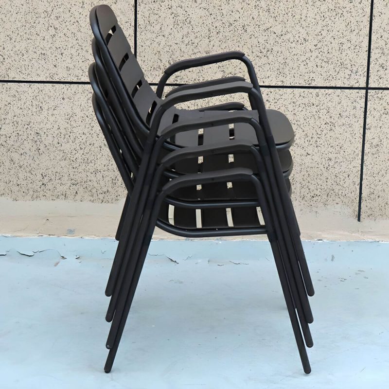 "Modern Black Metal Arm Chair with Stackable Design and Waterproof Durability - 4 Piece Set"