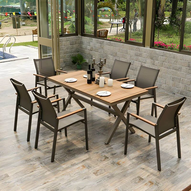 "Brown Wooden Patio Table Contemporary Style in Rectangular Shape - Table Only 79"L x 35"W x 30"H"