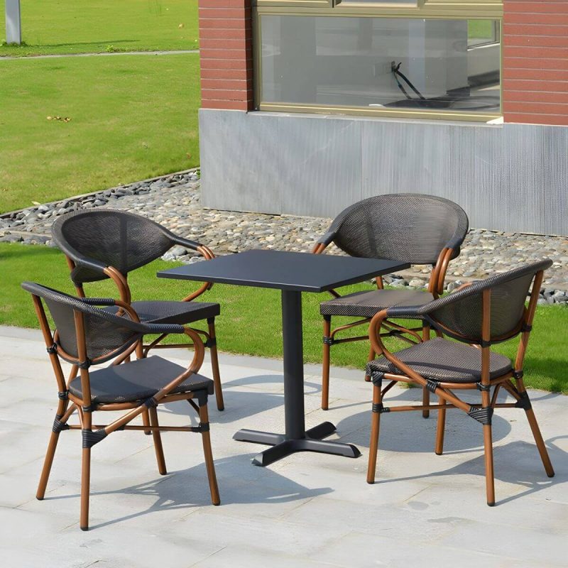 "Modern Brown Wicker/Rattan Patio Dining Set with Stackable Chairs, Metal Table Base - Table & Chair(s) 28"L x 28"W x 29"H 4"