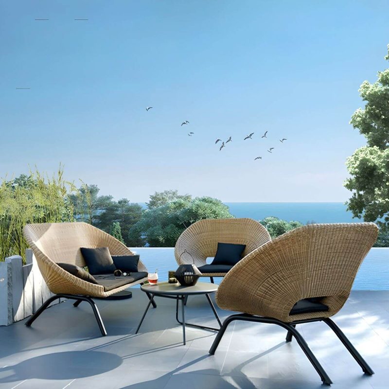 "Waterproof Wicker/Rattan Modern Sofa with Upholstered Black Cushions and Pillows - 3-Seater Sofa"