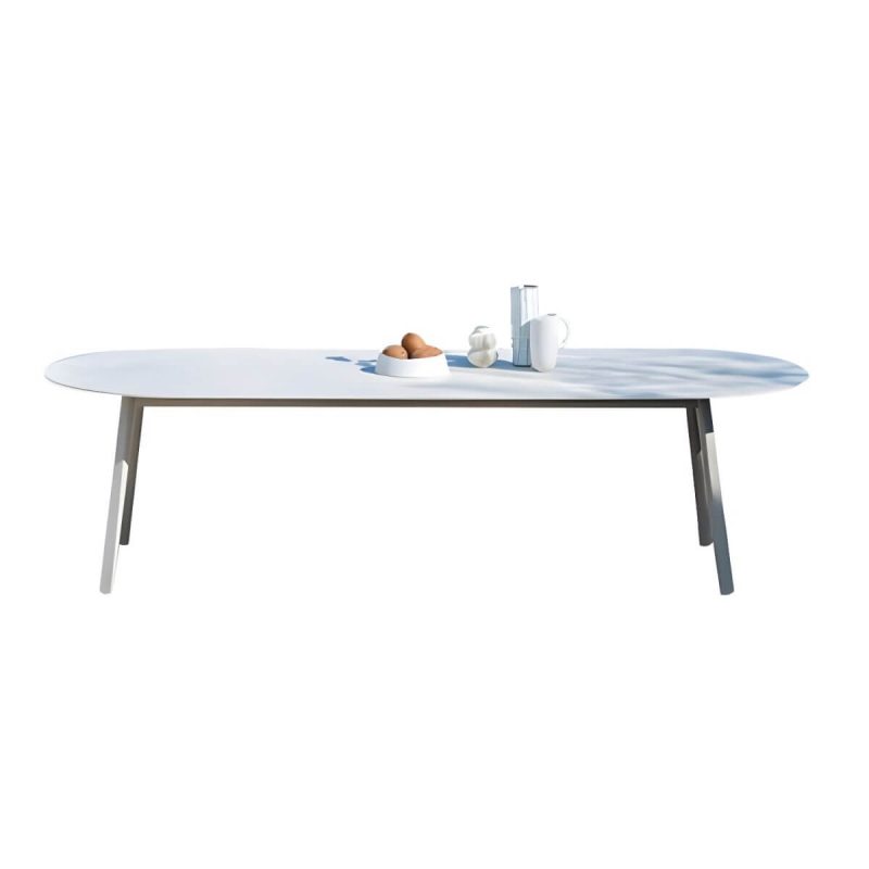 "Contemporary Style Stone Patio Table Oval Shape with Metal Legs in Grey/White - Table Only 63"L x 31.5"W x 29.5"H Gray"
