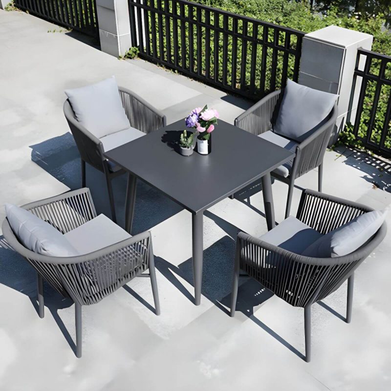 "Contemporary Dining Table Set with Woven Chairs for Courtyard - Table & Chair(s) 80 x 80 x 74 cm 4"