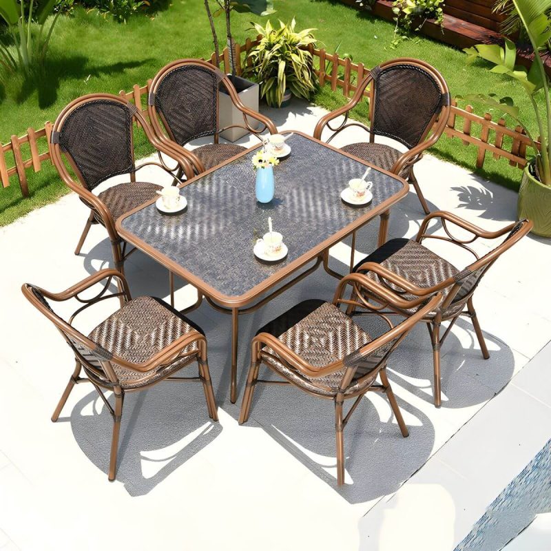 "Contemporary Dining Table Set with Brown Woven Chair for Courtyard - Table & Chair(s) 47"L x 31"W x 29"H 6"