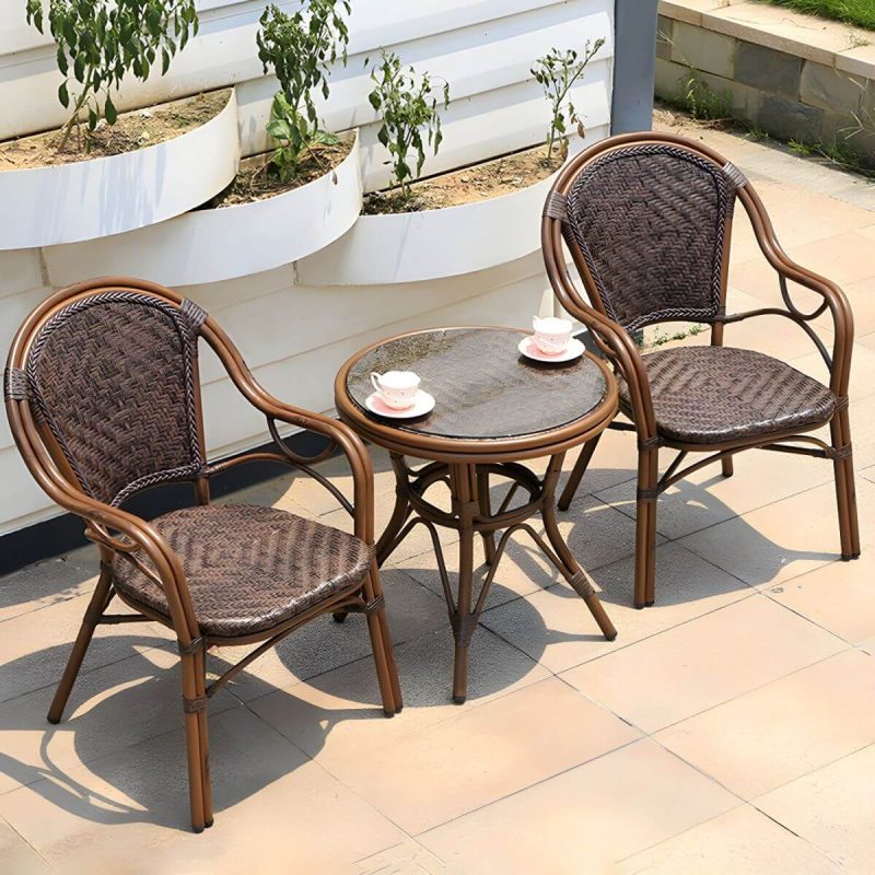 "Modern Brown Glass Top Patio Table Set Metal 4 Legs for Outdoor - Table & Chair(s) 28"L x 28"W x 28"H 4"
