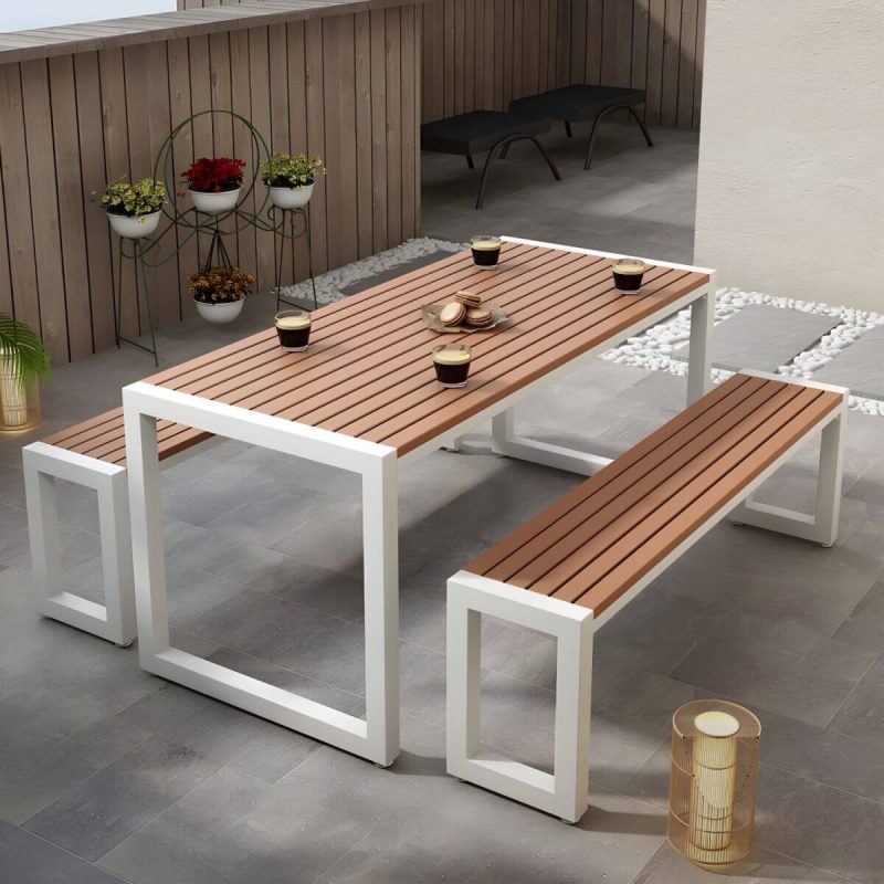 "Modern Wood Patio Dining Table without Umbrella Hole in Natural Finish - Durable and Stylish - Table Only 55.1"L x 27.6"W x 29.5"H White"
