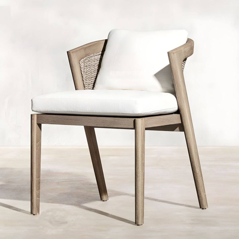 "Modern Wooden Arm Chair with Brown Frame and White Cushions for outdoor dining in the patio - Armless Teak 26"L x 25"W x 33"H"