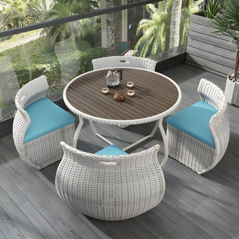 "Contemporary Glass Top White Dining Room Table Set with Wicker Dining Chairs - Table & Chair(s) 4 Wood"