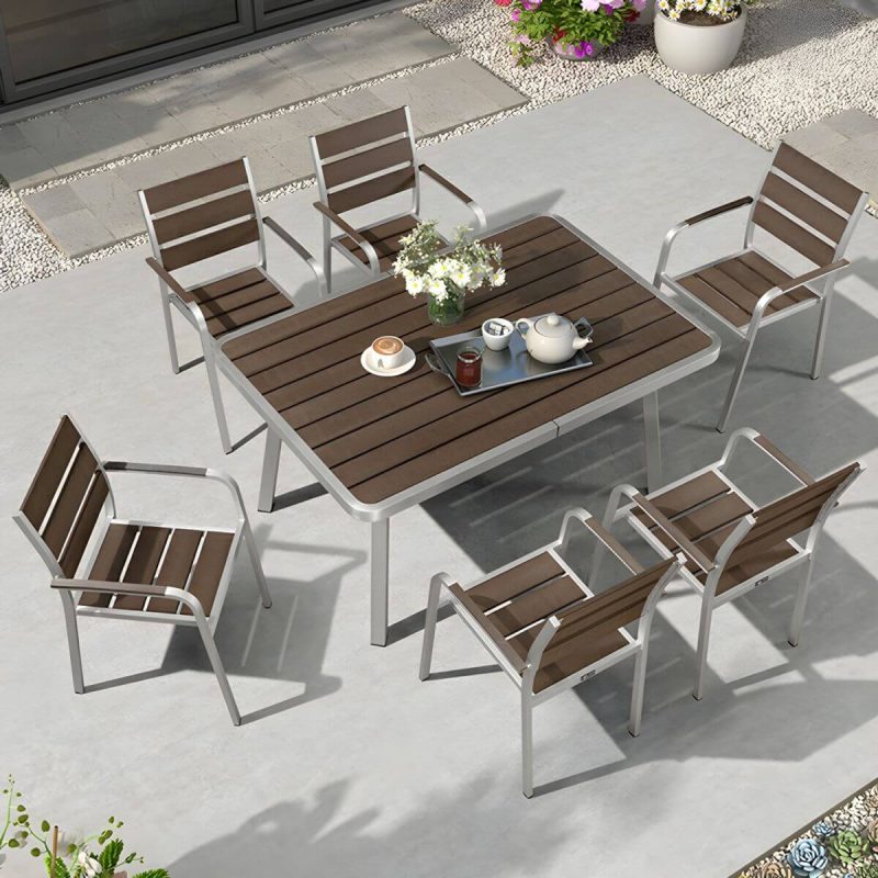 "Stylish Mid-Century Brown Patio Dining Ensemble with Manufactured Wood Tabletop - Table & 4 Chairs 35"L x 35"W x 30"H"