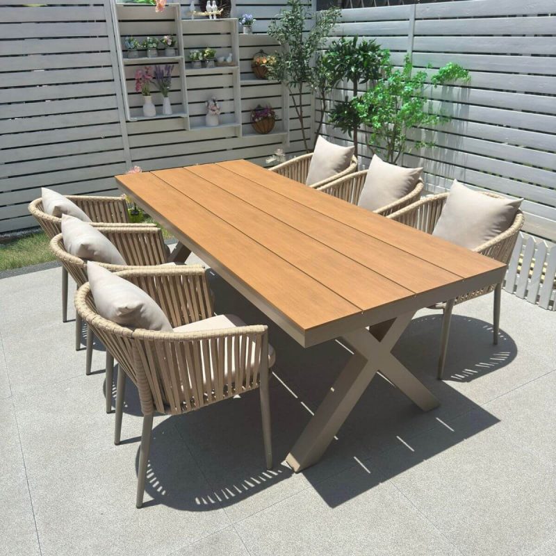 "Casual 7 Piece Set UV-proof Fabric Outdoor Dining Set with Sepia Table, Chair, and Table, 86.6"L x 35.4"W x 29.5"H, Table & 6 Chairs"