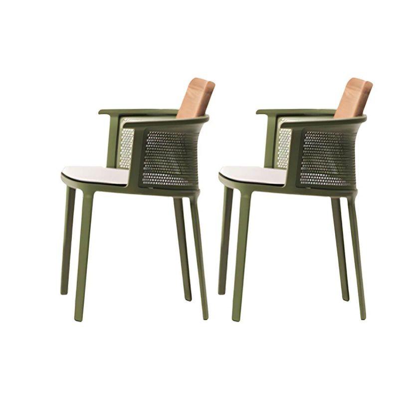"Coastal Dining Armchair in Metal Frame with Solid Wood Back Single Chair - Green 2 Piece Set Stainless Steel"