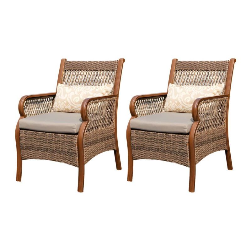 "Traditional Brown Wicker Arm Chair with Metal Legs for Patio Dining - Rust Resistant - 2 Piece Set"