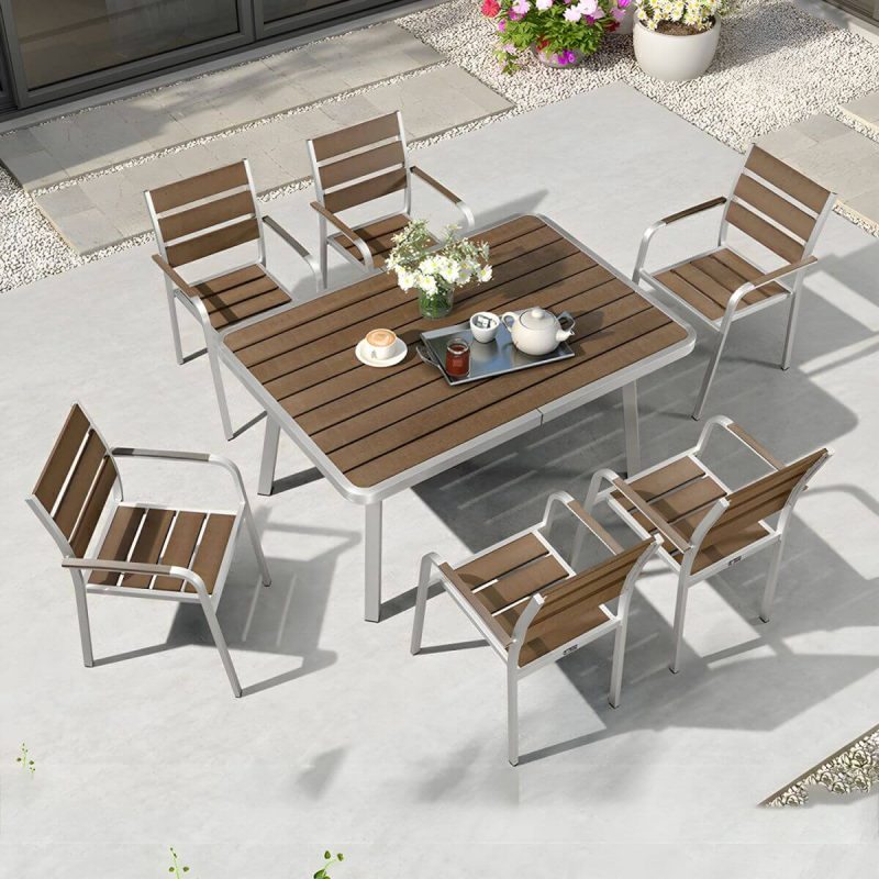 "Stylish Mid-Century Brown Patio Dining Ensemble with Manufactured Wood Tabletop - Table & 6 Chairs 59"L x 39"W x 30"H"