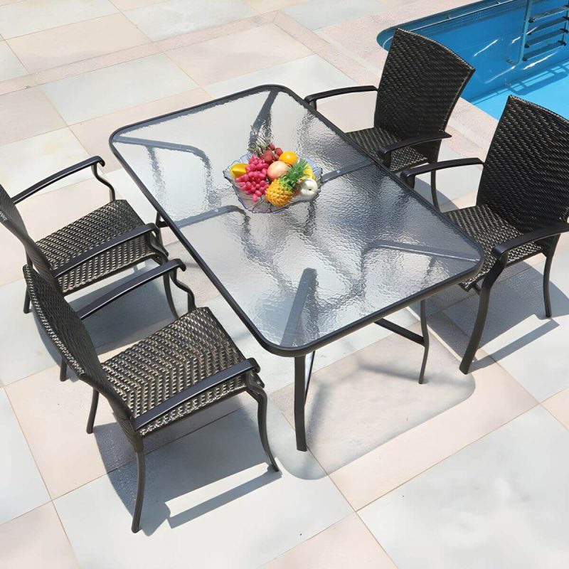 "Contemporary Glass Dining Table Set with Black Woven Chairs for Courtyard - Table & Chair(s) 59"L x 35"W x 28"H 4 Clear"