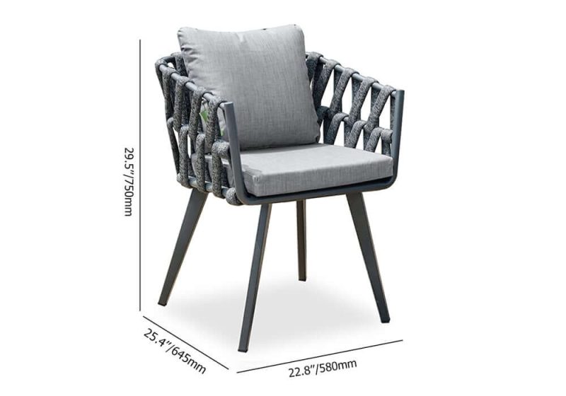"Dimension of Set of 2 Hand Woven Rope Outdoor Patio Dining Chair with Cushions in Gray"