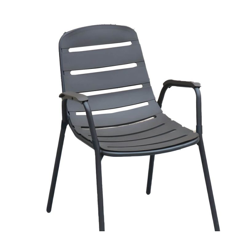 "Modern Black Metal Arm Chair with Stackable Design and Waterproof Durability - 8 Piece Set"