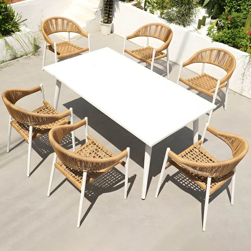 "Elegant Weatherproof White Metal Patio Dining Set with Stackable Chairs - Table & Chair(s) 63"L x 35.4"W x 29.5"H 6"