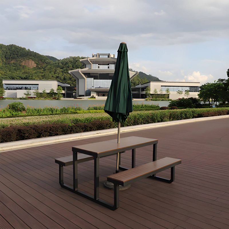 "Contemporary Brown Rectangle Picnic Table UV Resistant Picnic Table - Table with Umbrella 59"L x 24"W x 27.5"H Umbrella Hole Included Steel Table Only"