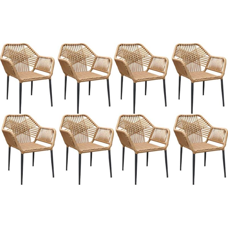 "Modern Metal Arm Chair with Beige Plastic Back and Stackable Design for Patio Dining - 8 Piece Set Black"