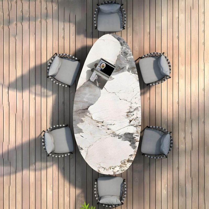 "Boho Oval Dining Table Set 1/4/7 Pcs Stone and Metal Patio Dining Table with Chairs - Table 94.5"L x 43.3"W x 29.5"H Zero"