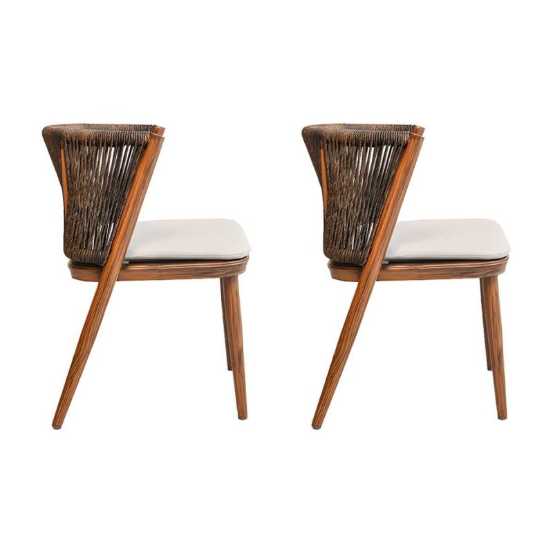 "Coastal Aluminum Arm Chair with Brown Wicker Back and Beige Cushions for Patio Dining - Dark Brown 2 Piece Set"