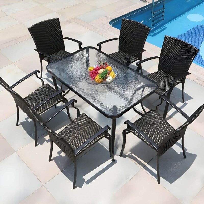 "Contemporary Glass Dining Table Set with Black Woven Chairs for Courtyard - Clear Table & Chair(s) 6 50"L x 31"W x 28"H"